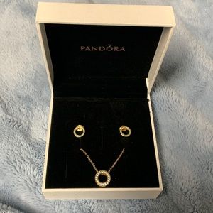 PANDORA gold plated logo pavé circle necklace and matching sparkling studs